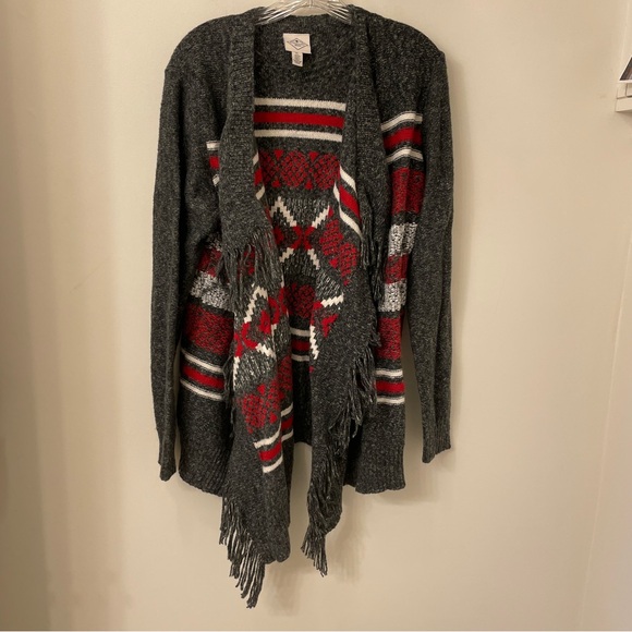 St. John's Bay Sweaters - St Johns Bay Cardigan Sweater Gray  Red White Aztec Open Front, Fringe ,XL, NWT